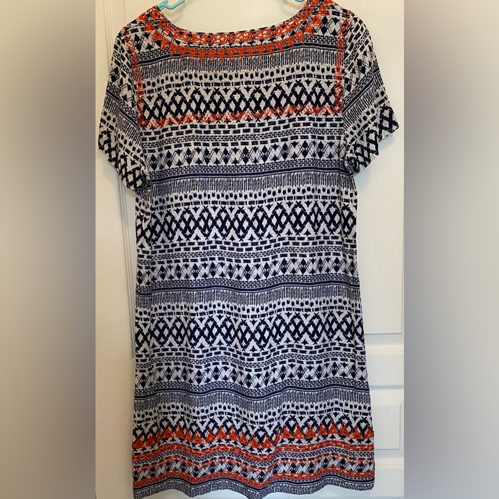 THML Short Sleeves Embroidered Mini Shift Dress in Navy & Orange in Tribal Motif - Picture 3 of 5